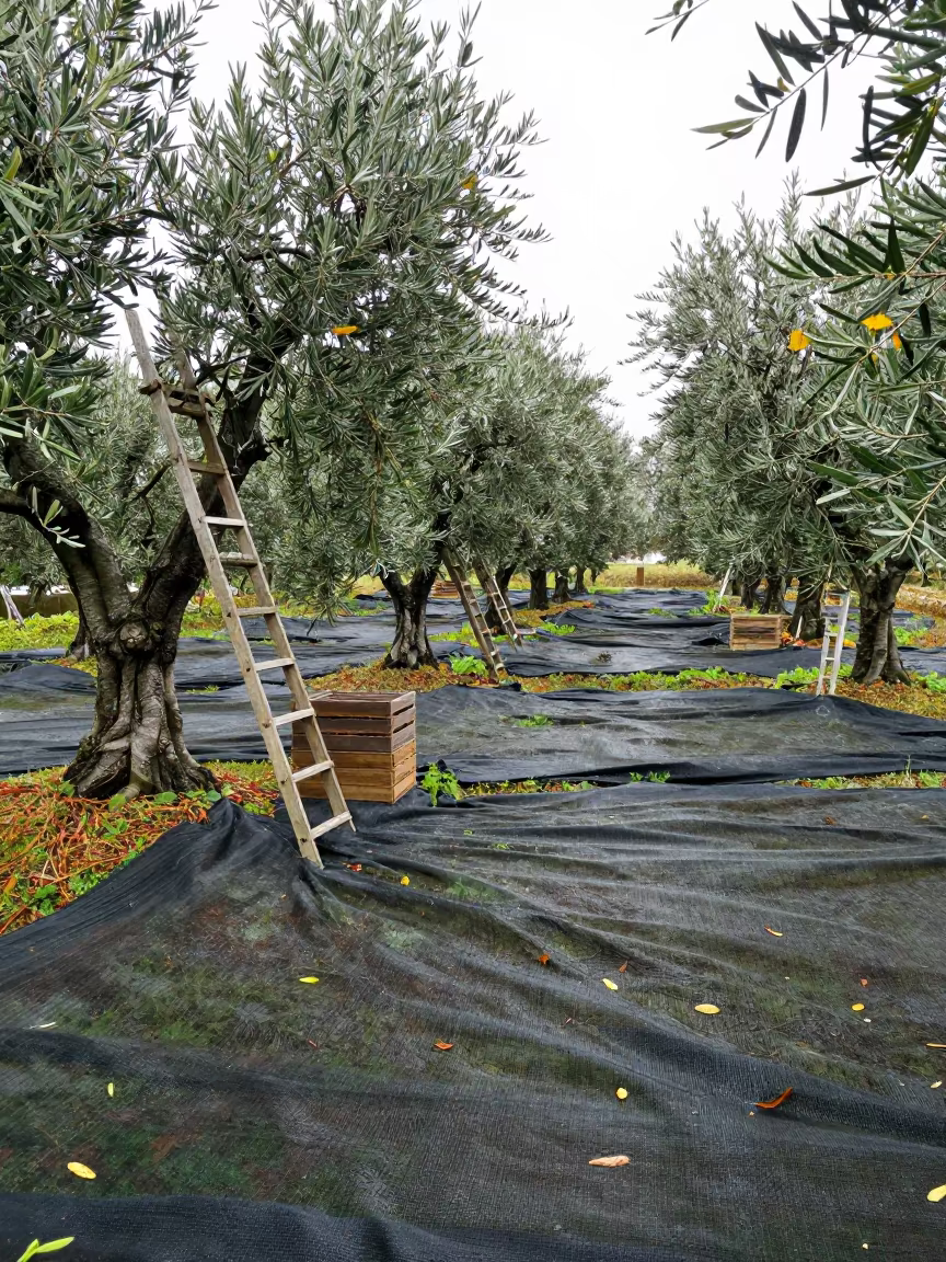 Olive Grove Net Spread Under Twisted Trunks in Hokkaido in among orchard ladders and crates in Hokkaido