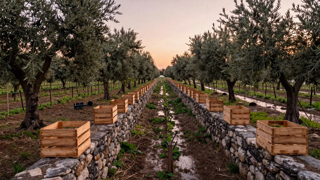 Olive Grove Stone Wall Harvest Crates Naples in between vineyard trellises in Naples