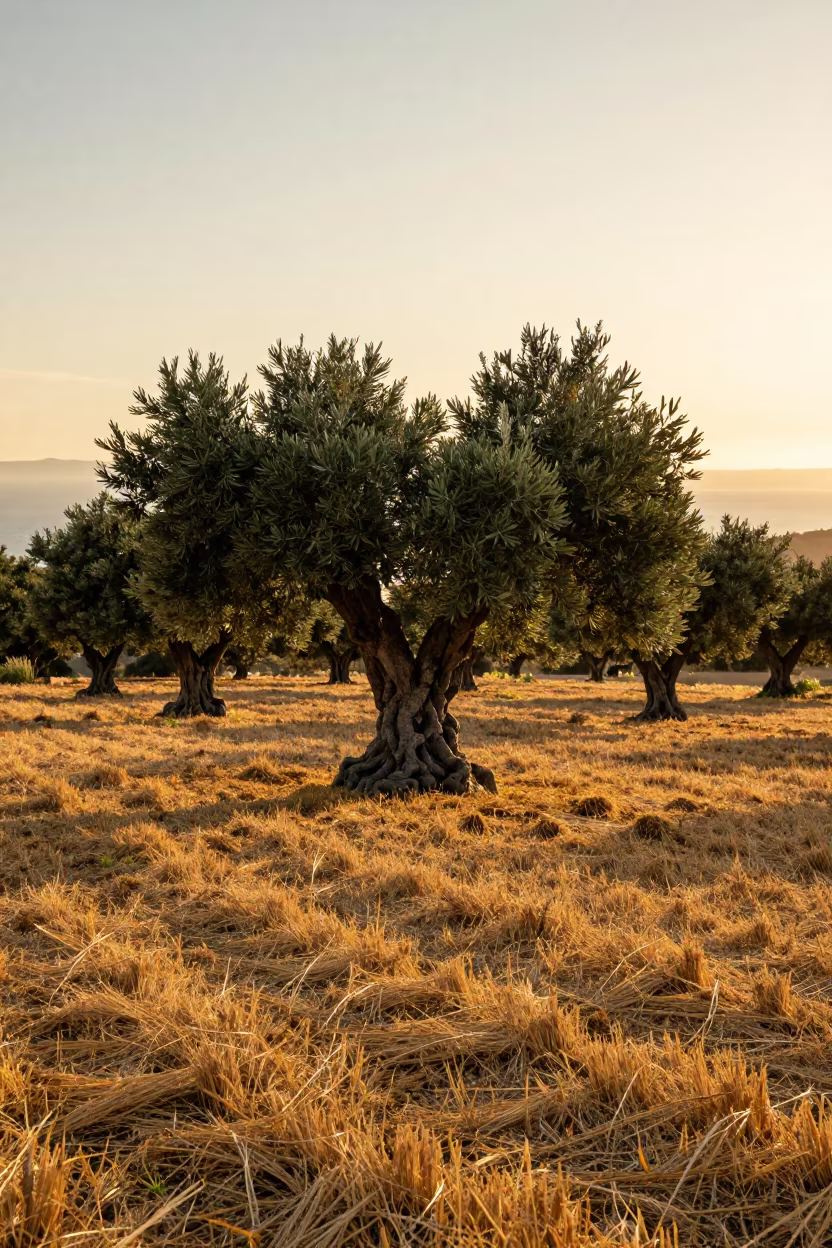 Olive grove sunset over South African grain field in across a harvested grain field in South Africa