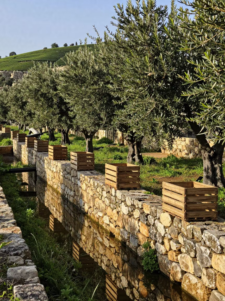 Olive Grove Wall With Harvest Crates in Haifa in at the edge of a tea plantation in Haifa