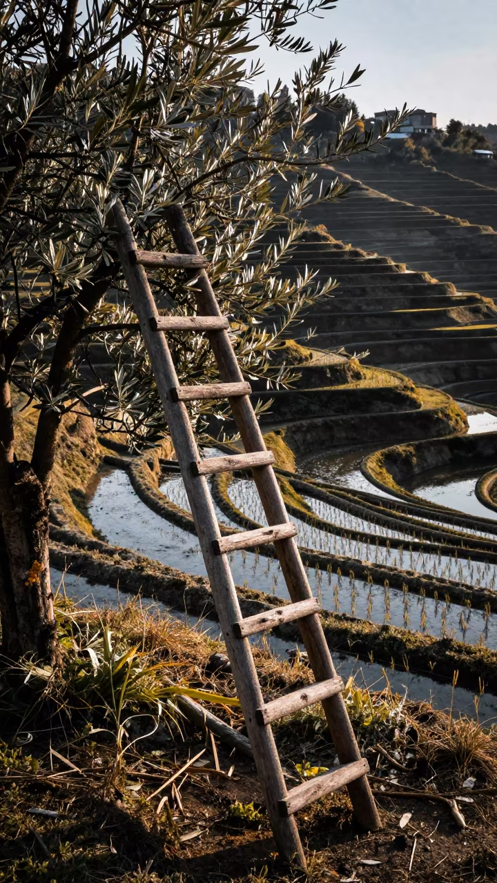 Olive Harvest Ladder in Shadowed Autumn Paddies in among terraced rice paddies in Porto