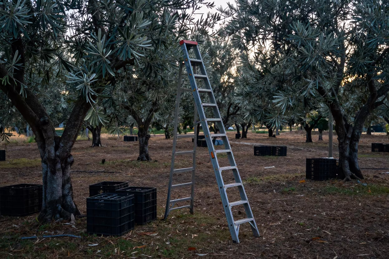 Olive Ladder Leaning Into Silver Leaves in among orchard ladders and crates in Fiji