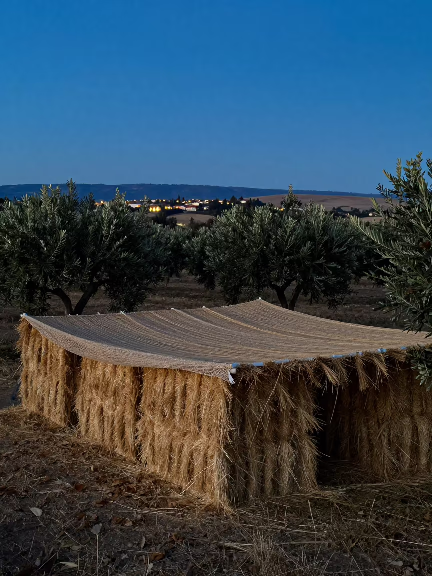Olive Nets Drying Over Hay Bales at Dusk in beside stacked hay bales in Oregon
