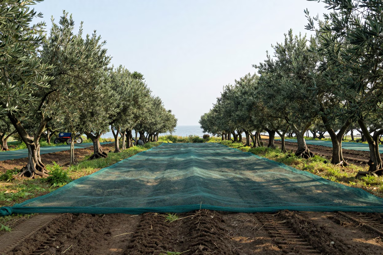 Olive Nets Under Twisted Trunks in Busan in beside a tractor track through dark soil in Huinnyeoul, Busan
