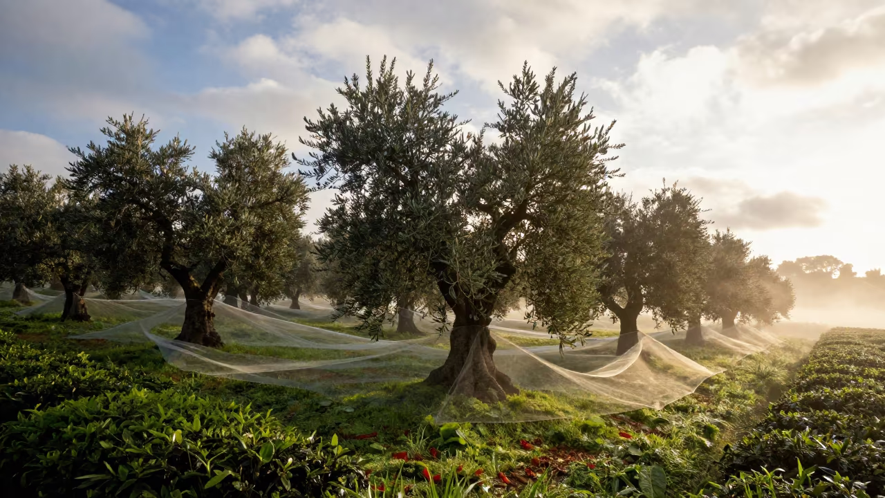 Olive Nets Spread Under Twisted Trunks at Dawn in at the edge of a tea plantation in Devonport, Auckland