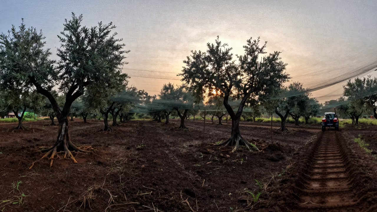 Olive Nets Spread Under Twisted Trunks in Mumbai Rain in beside a tractor track through dark soil near Bandra, Mumbai