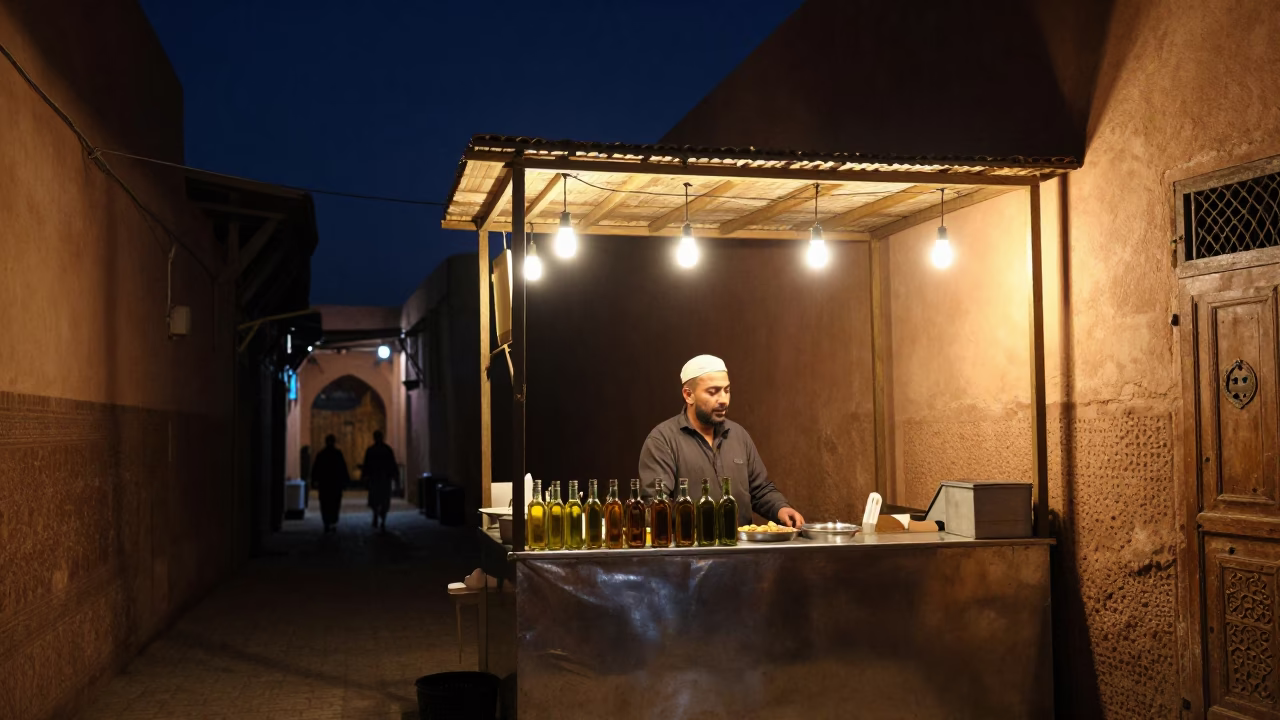Olive Oil in Marrakech at The Deepest Night Sky Light in in Marrakech, Morocco