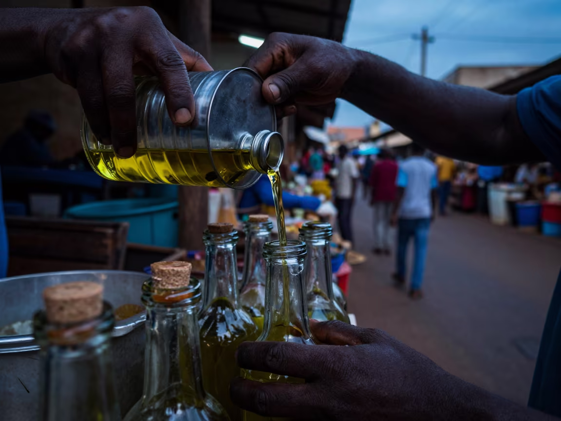 Olive Oil Pouring in Mbuji-Mayi Bazaar in in a covered bazaar aisle in Mbuji-Mayi