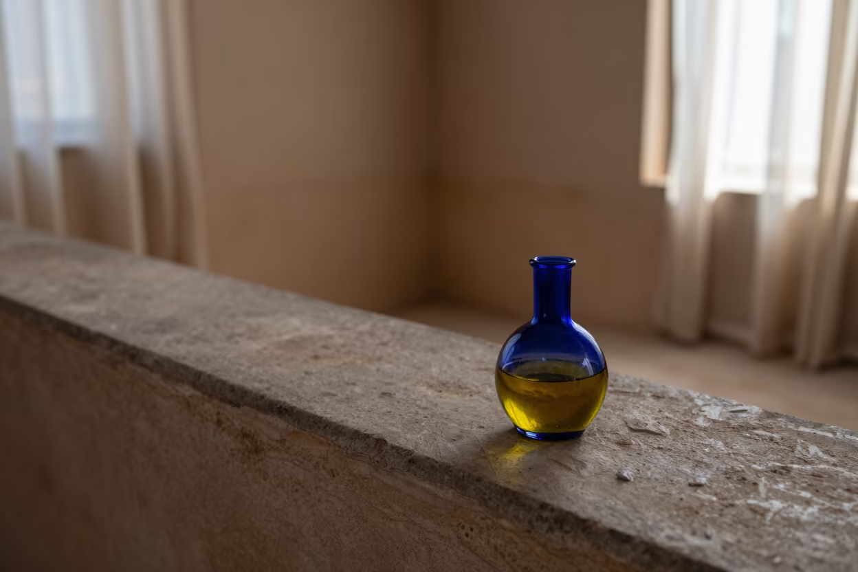 Olive Oil Taster with Blue Glass on Stone Ledge in on a stone ledge in Casablanca