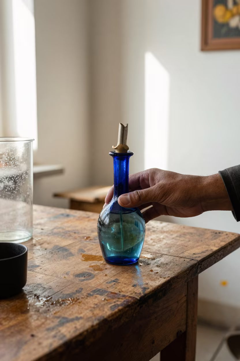 Olive Oil Taster Blue Glass Wooden Bench in on a wooden workbench near Umm Qasr