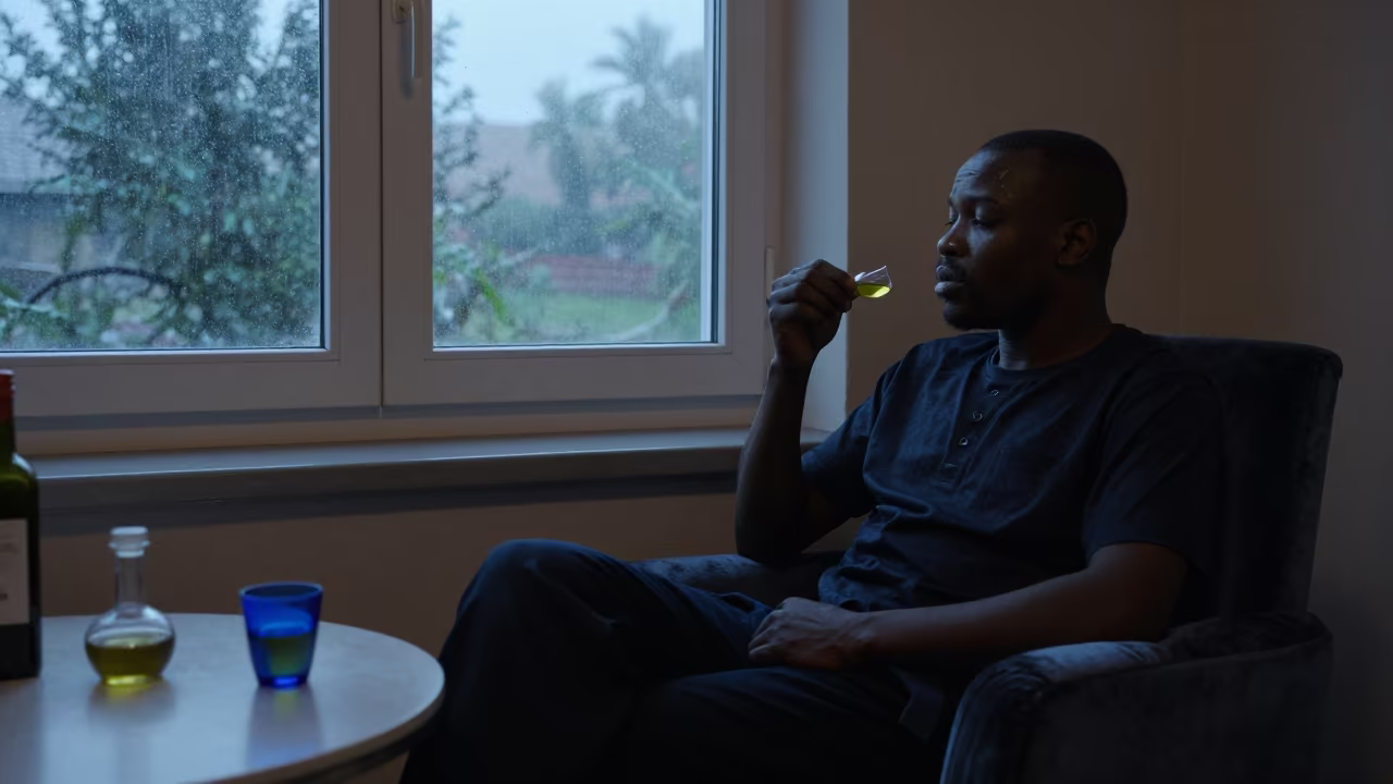 Olive Oil Taster in Dutse at Dawn in on a velvet chair in Dutse