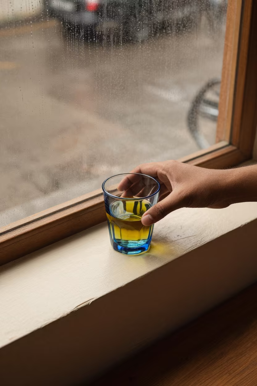 Olive Oil Tasting Blue Glass Nagpur in on a painted display ledge in Nagpur