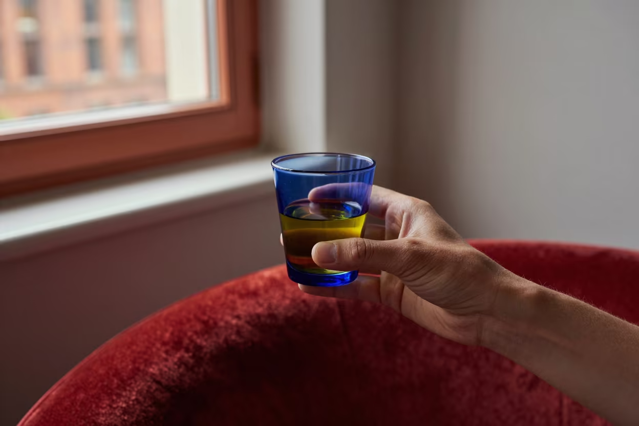 Olive Oil Tasting in Copper Light in on a velvet chair in Sheffield