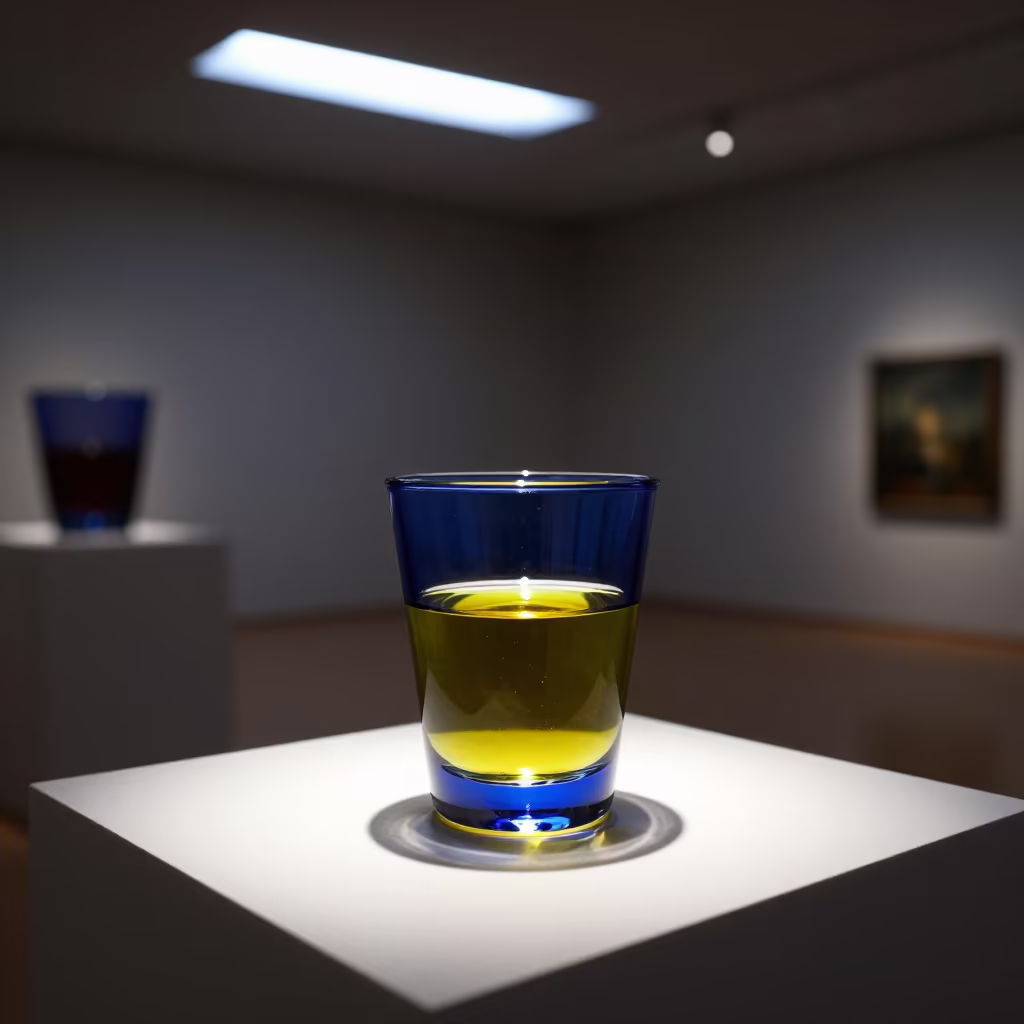 Olive Oil Tasting in Predawn Museum Light in on a museum plinth in Copenhagen