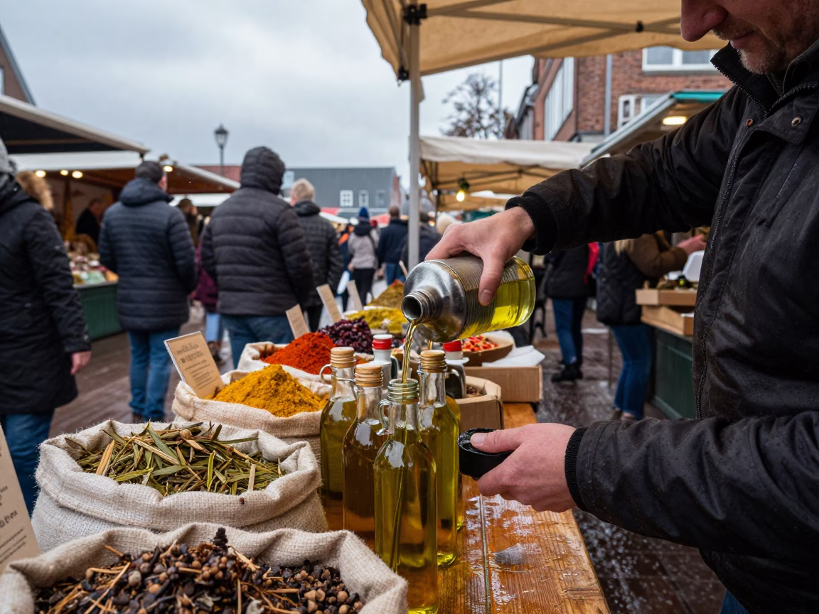 Olive Oil Vendor Pouring at Groningen Market in at a spice vendor's table in Groningen