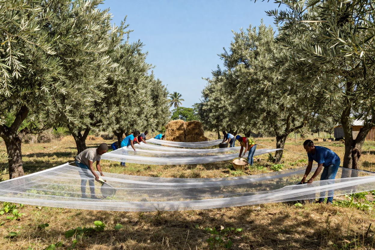 Olive Pickers Spread Nets Under Silver Trees in beside stacked hay bales in Equatorial Guinea