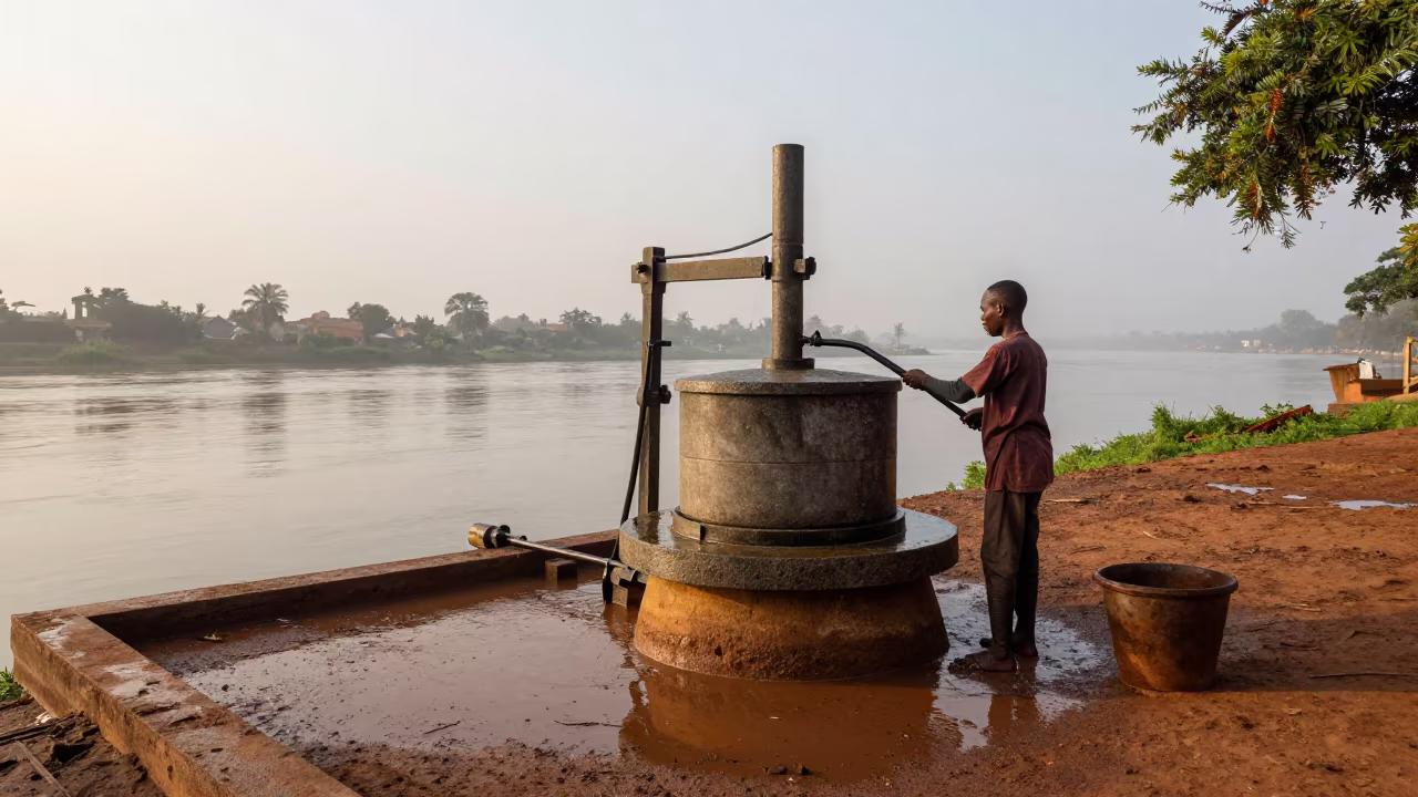 Olive Presser Milling at Dawn Garoua in near a riverside landing in Garoua