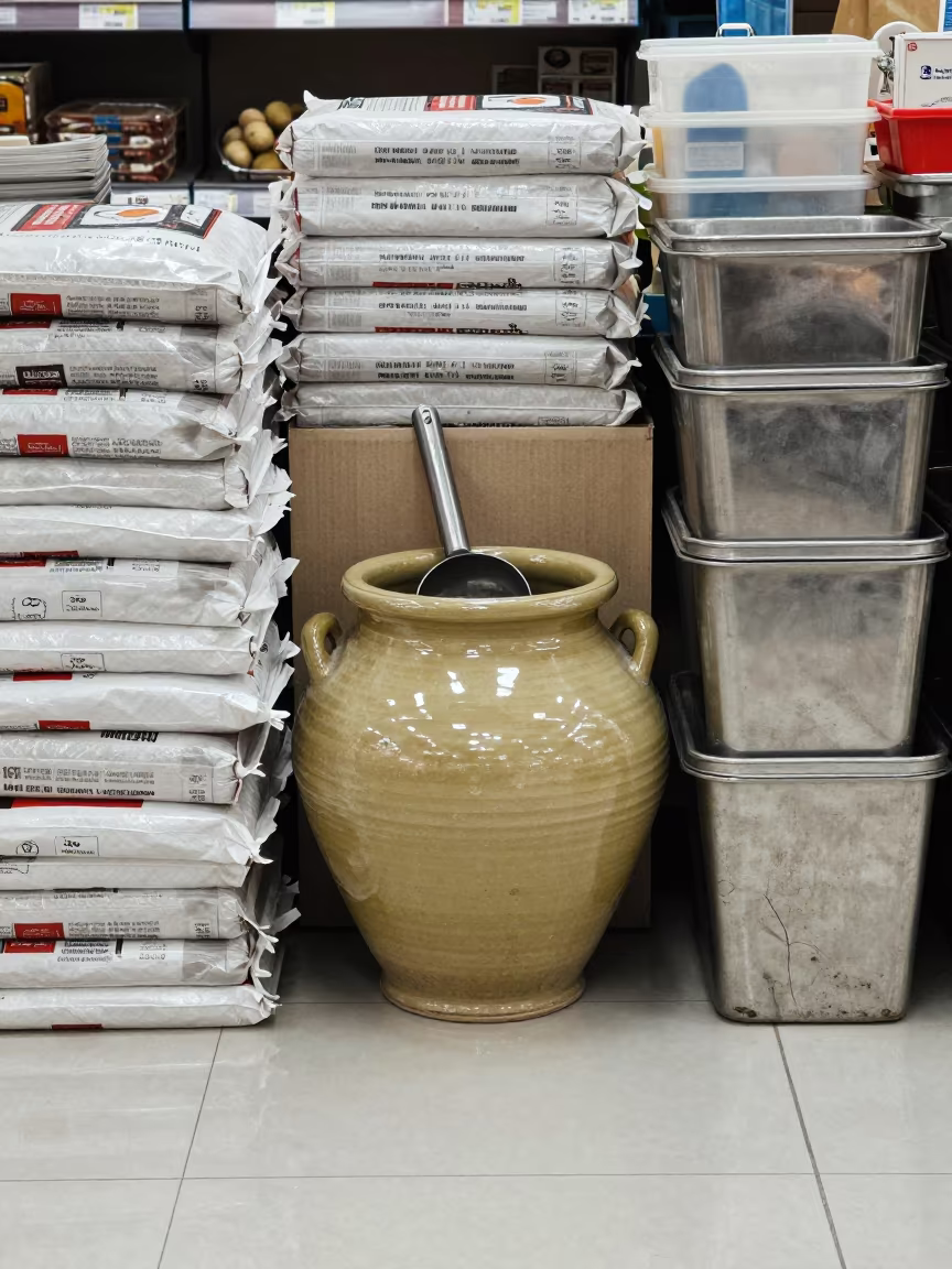Olive Scoop Crock on Multan Grocery Counter in on a grocer's counter with stacked paper sacks in Multan