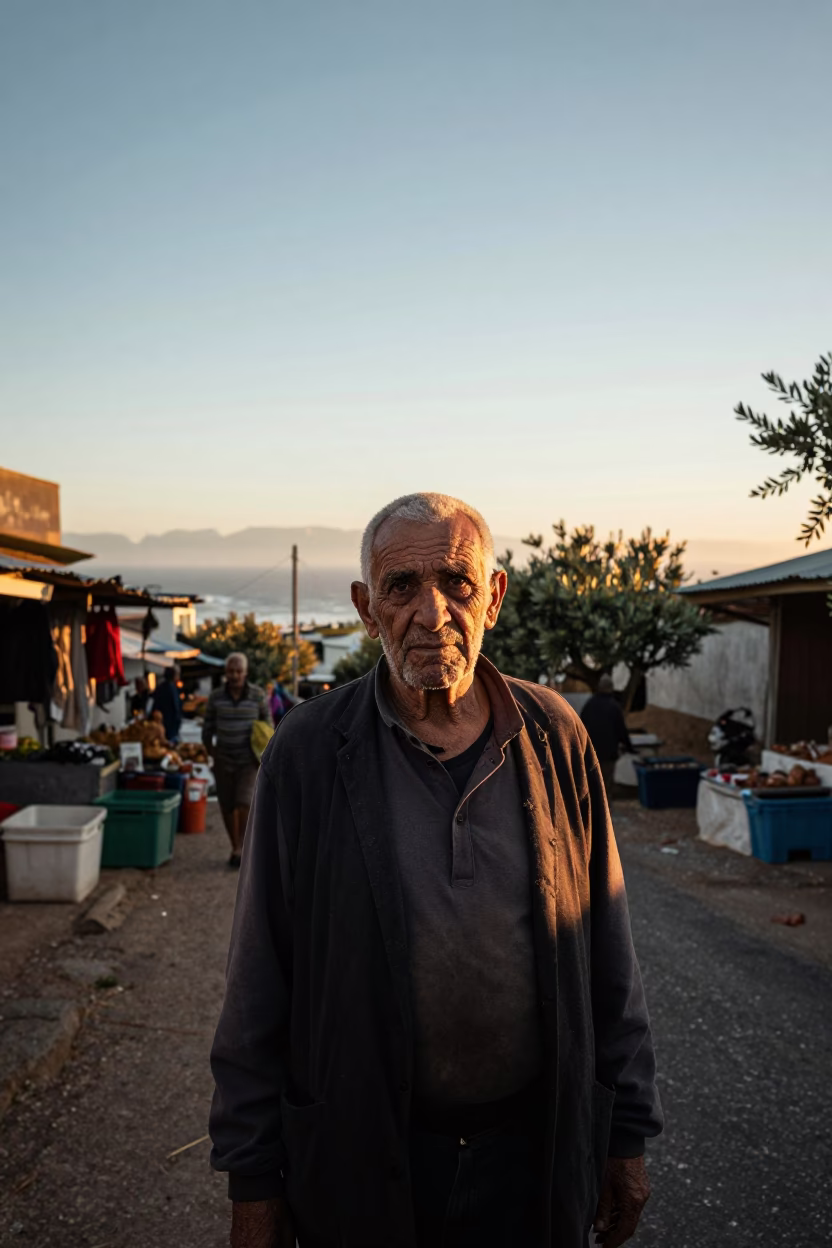 Olive Tender Face Sunset Cape Town in along a market lane in Cape Town