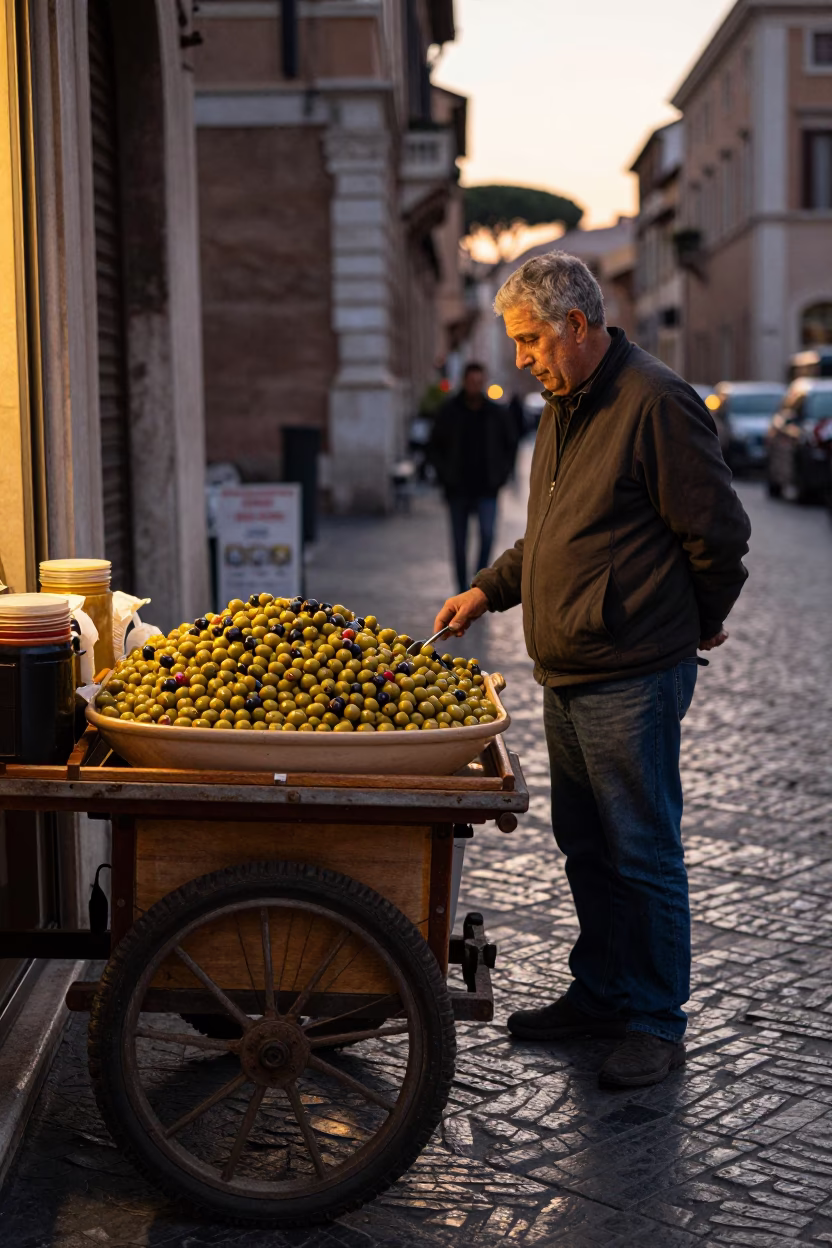 Olives in Rome at The Early Evening Light in in Rome, Italy