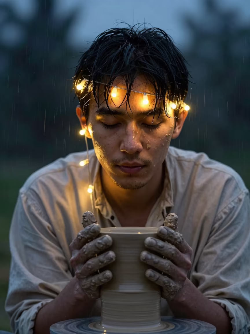 Olmaliq Ceramicist in Predawn Rain in in Olmaliq