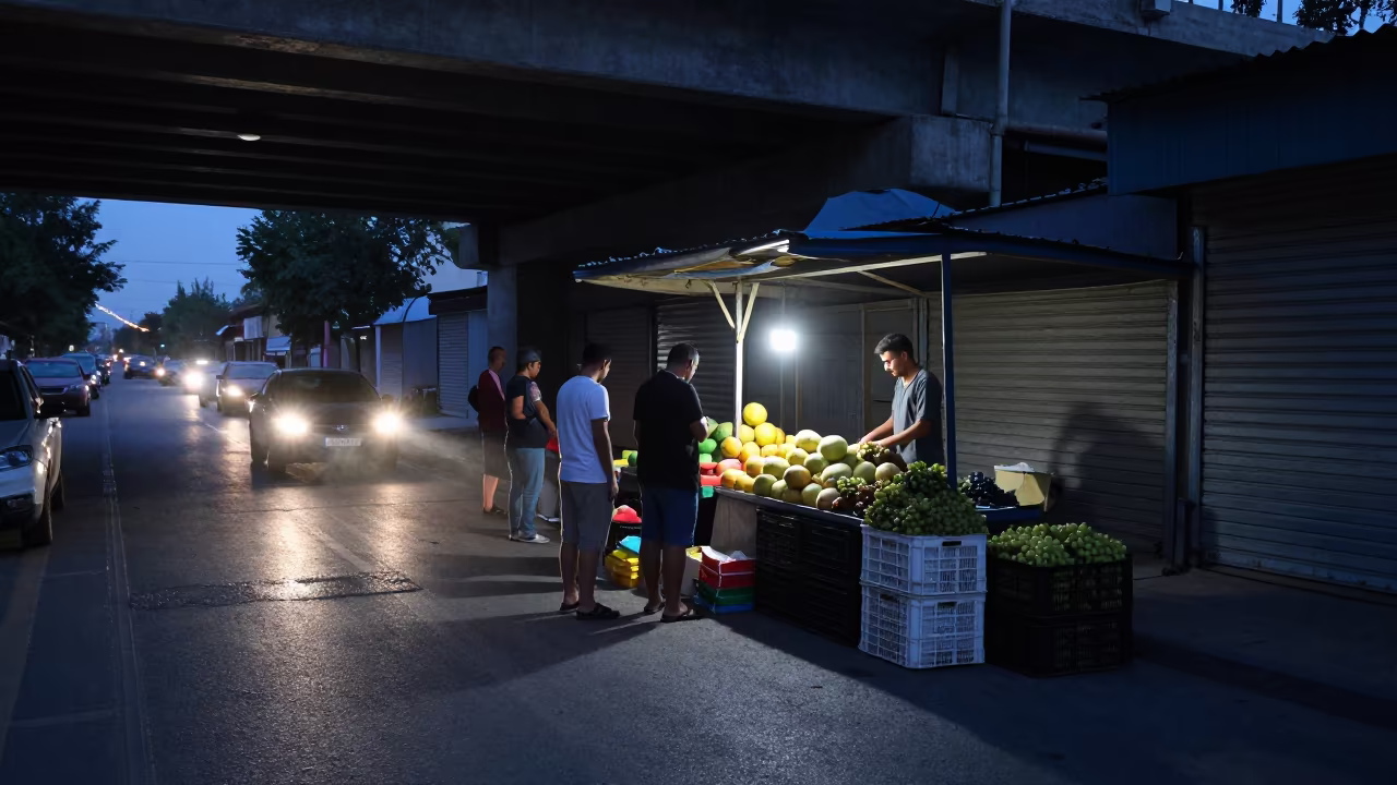 Olmaliq Commuters Under Overpass at Predawn in along a market-lined side street in Olmaliq