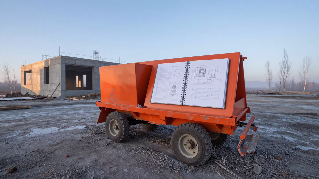 O-and-M Binder Cart Before Dawn in Urals Construction in beside a framed building shell in the Urals
