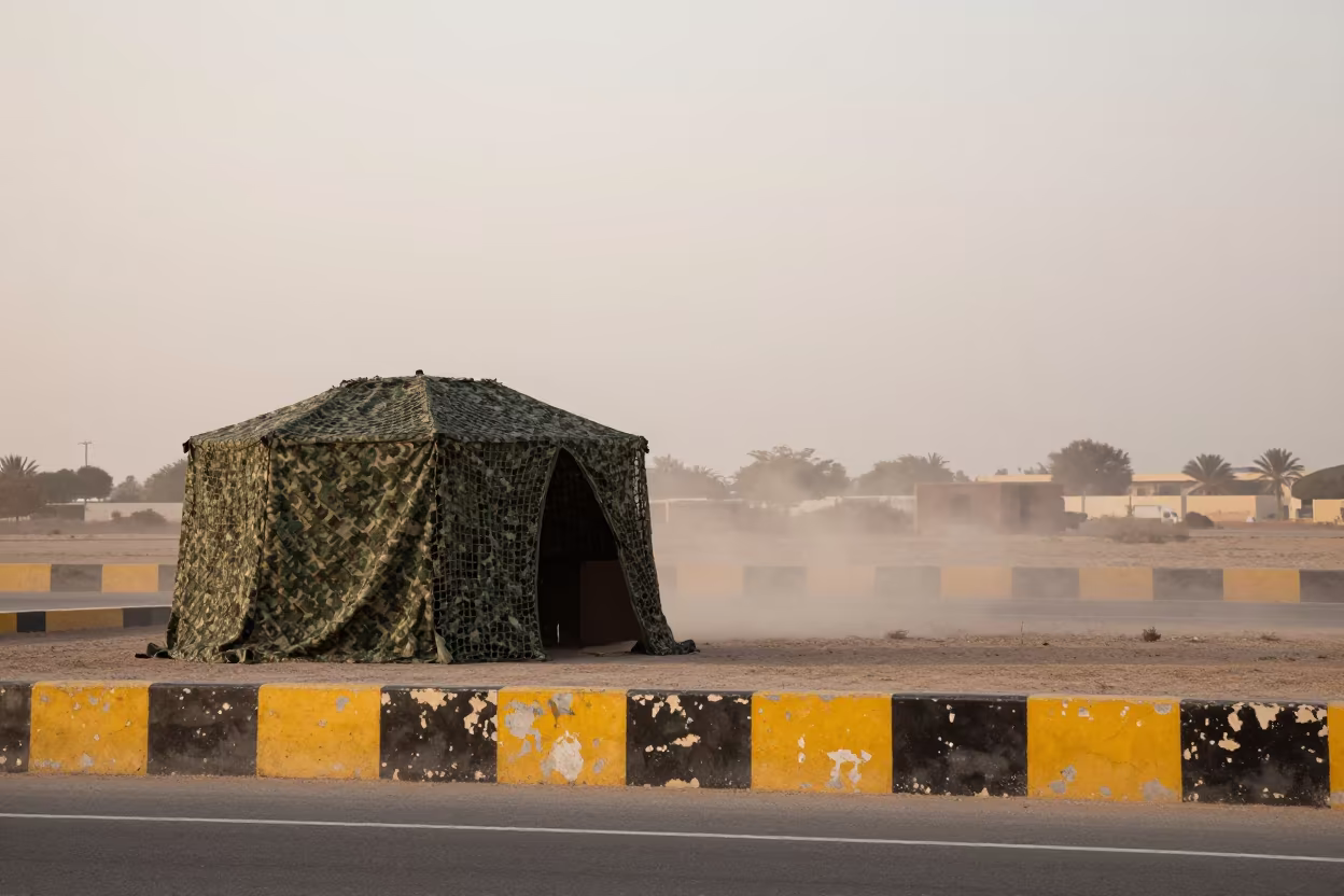 Omani Airbase Camo Net at Dawn Dust in along an airbase flight line in Oman