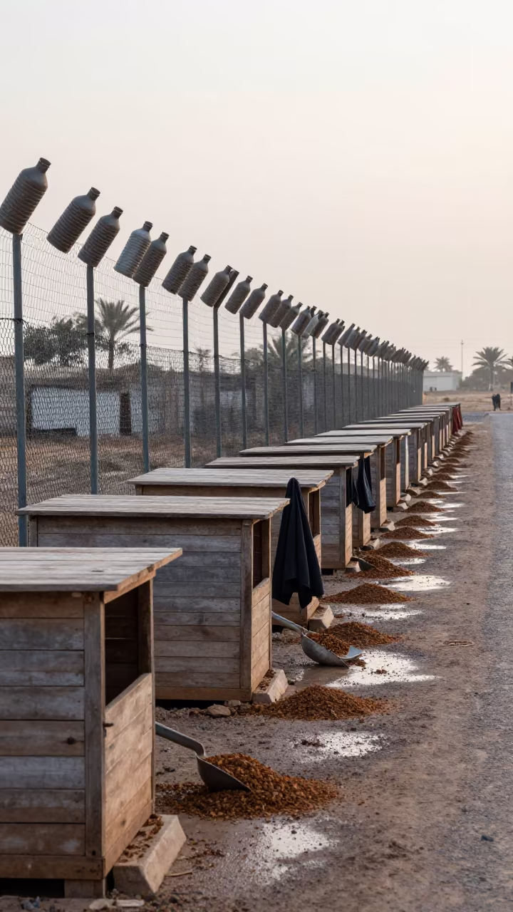 Oman Calf Hutches Dawn Drizzle Windbreak in along a feedlot lane in Oman
