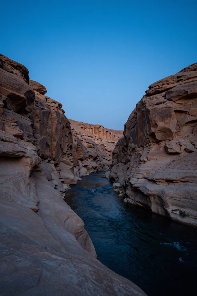 Oman Canyon River Valley Blue Hour Calm in in Oman