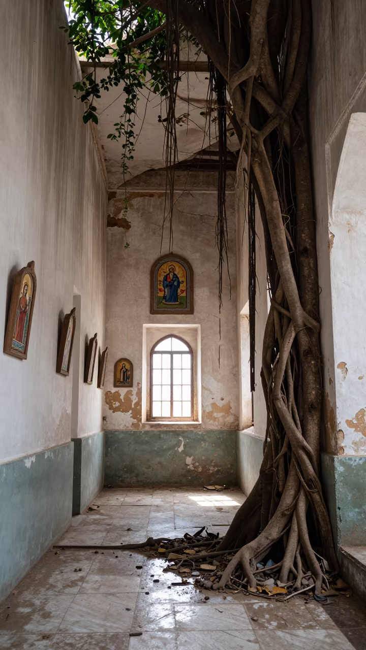 Omani Chapel Ruin Corridor with Hanging Vines in through a shattered institutional hallway with debris underfoot in Oman