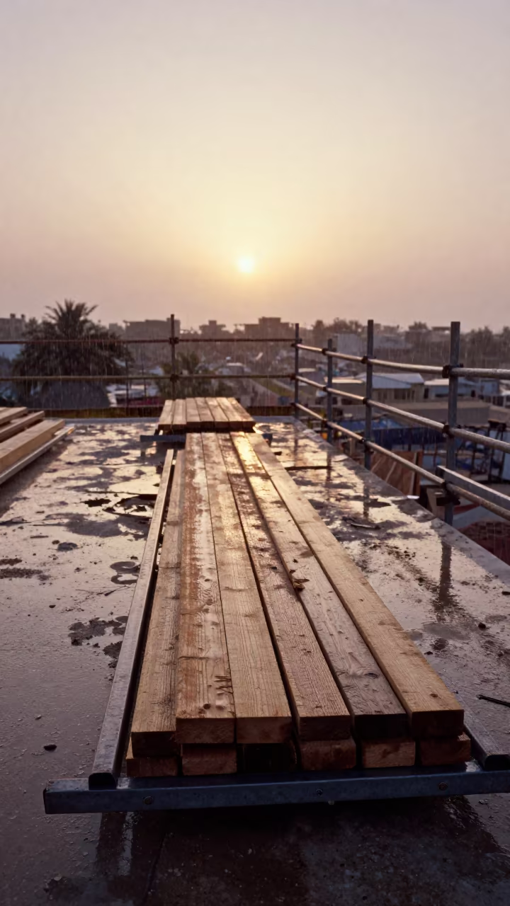 Oman Construction Plank Rack at Sunset Rain in on an active construction deck in Oman