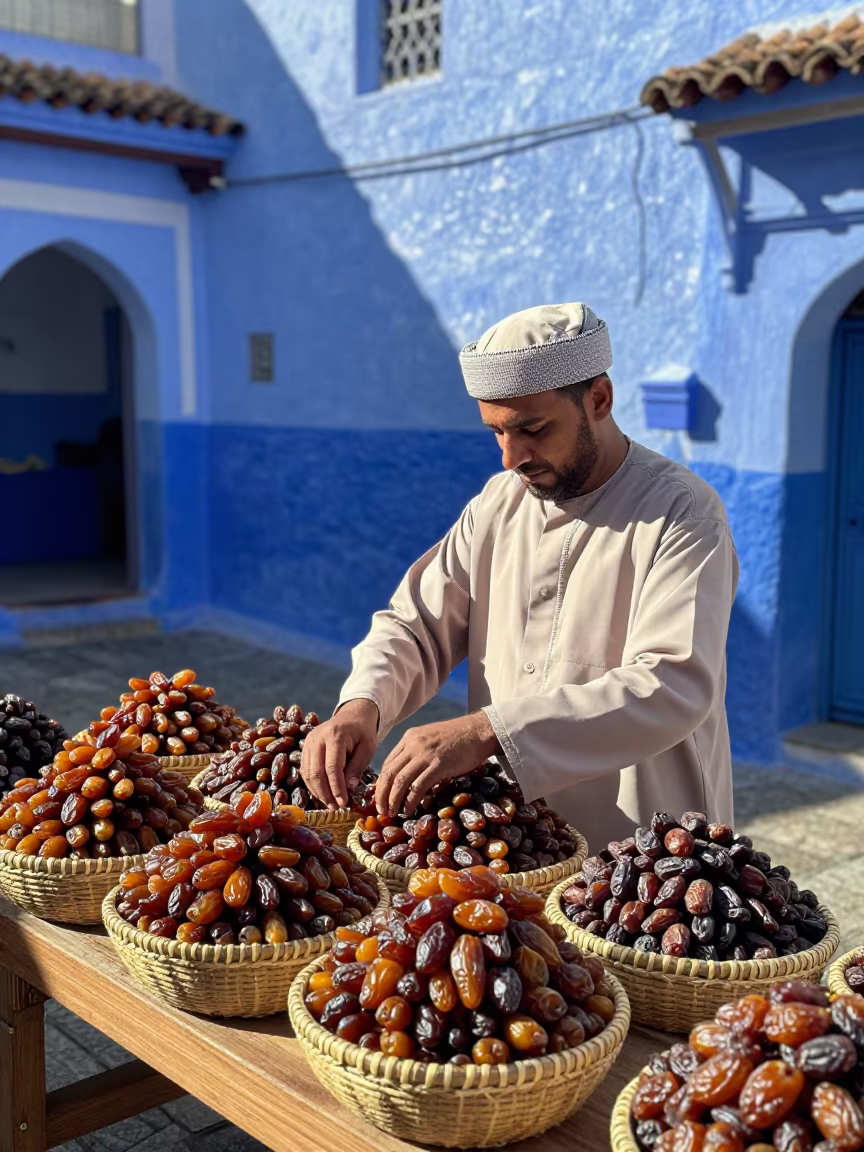 Omani Date Vendor Arranging Varieties at Chefchaouen Souk in at a spice vendor's table in Chefchaouen