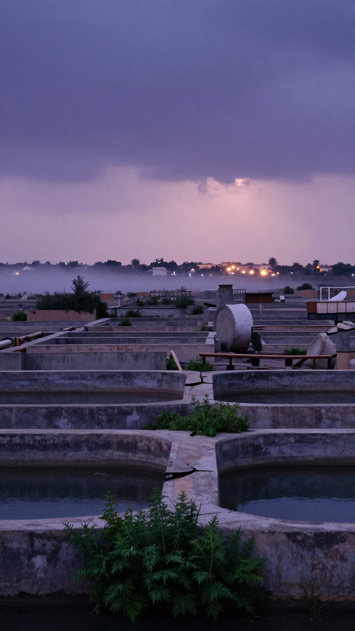Oman Hatchery Ruin Twilight Fog in among toppled columns and nettles in Oman