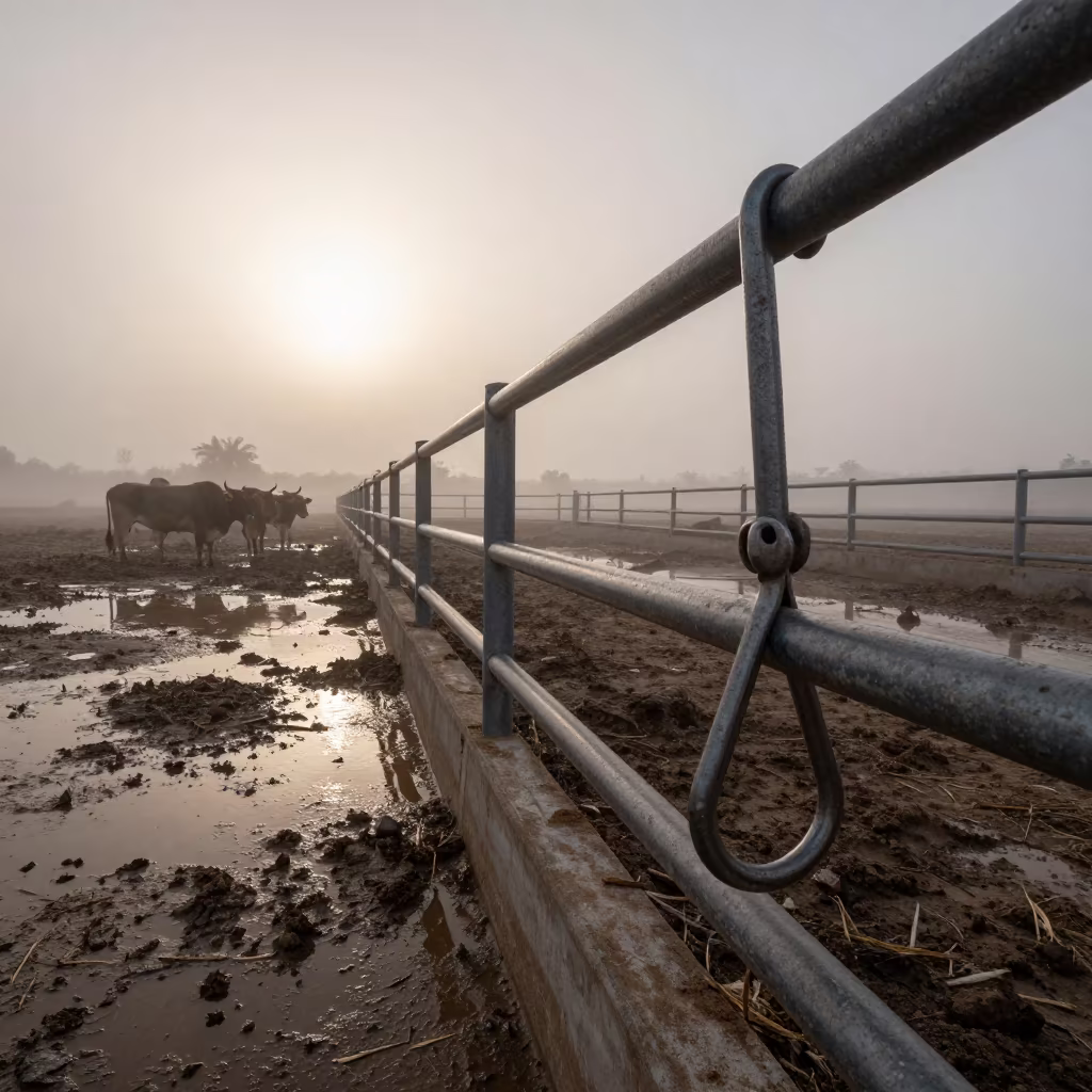 Omani Ranch Feedlot Rail in Monsoon Mist in inside a ranch corral in Oman