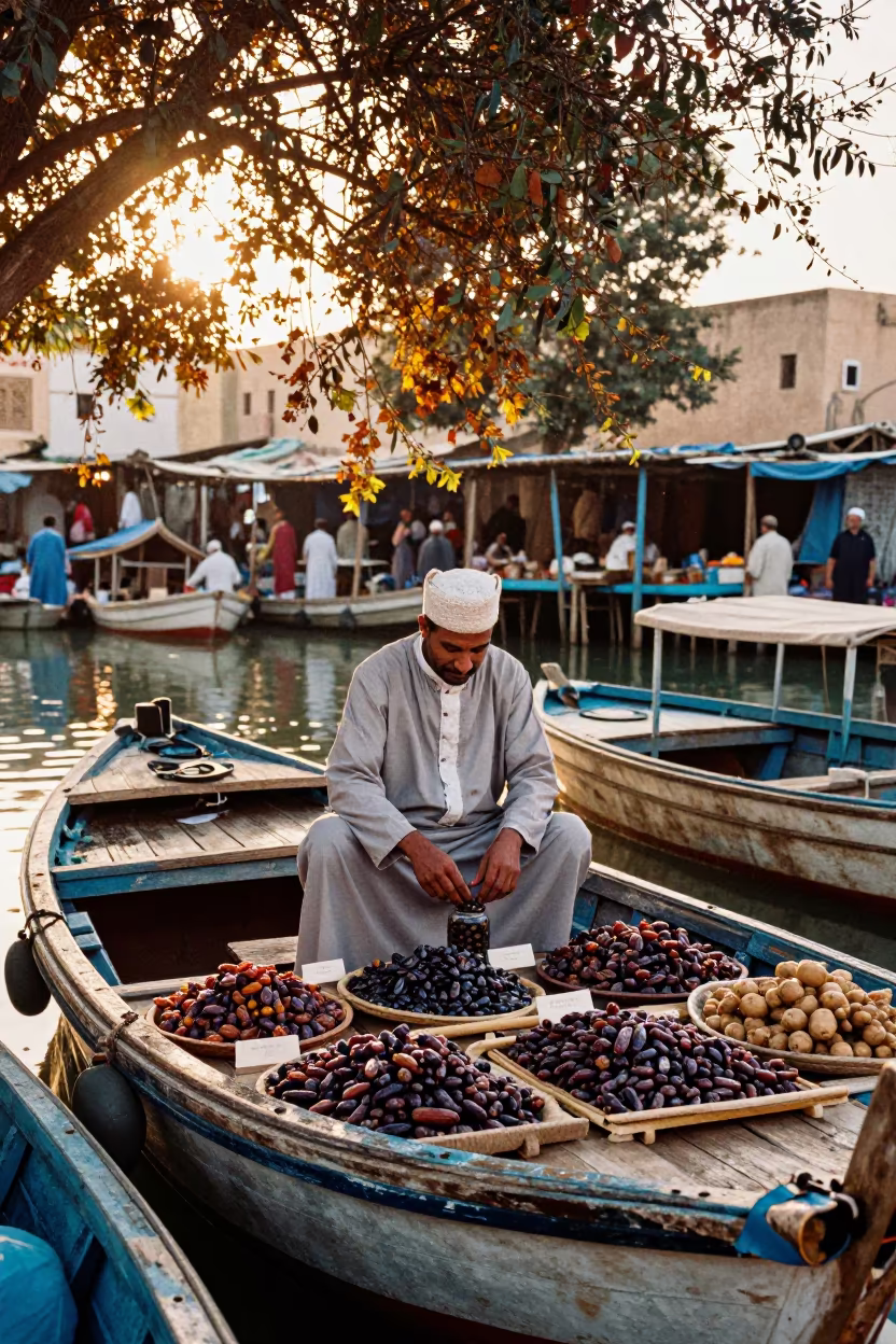 Omani Date Vendor Arranging Stalls in Fez in at a floating market boat in Fez el-Jdid, Fez