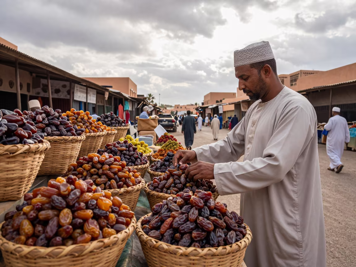 Omani Date Vendor at Marrakech Souk Stand in at a roadside fruit stand in Marrakech
