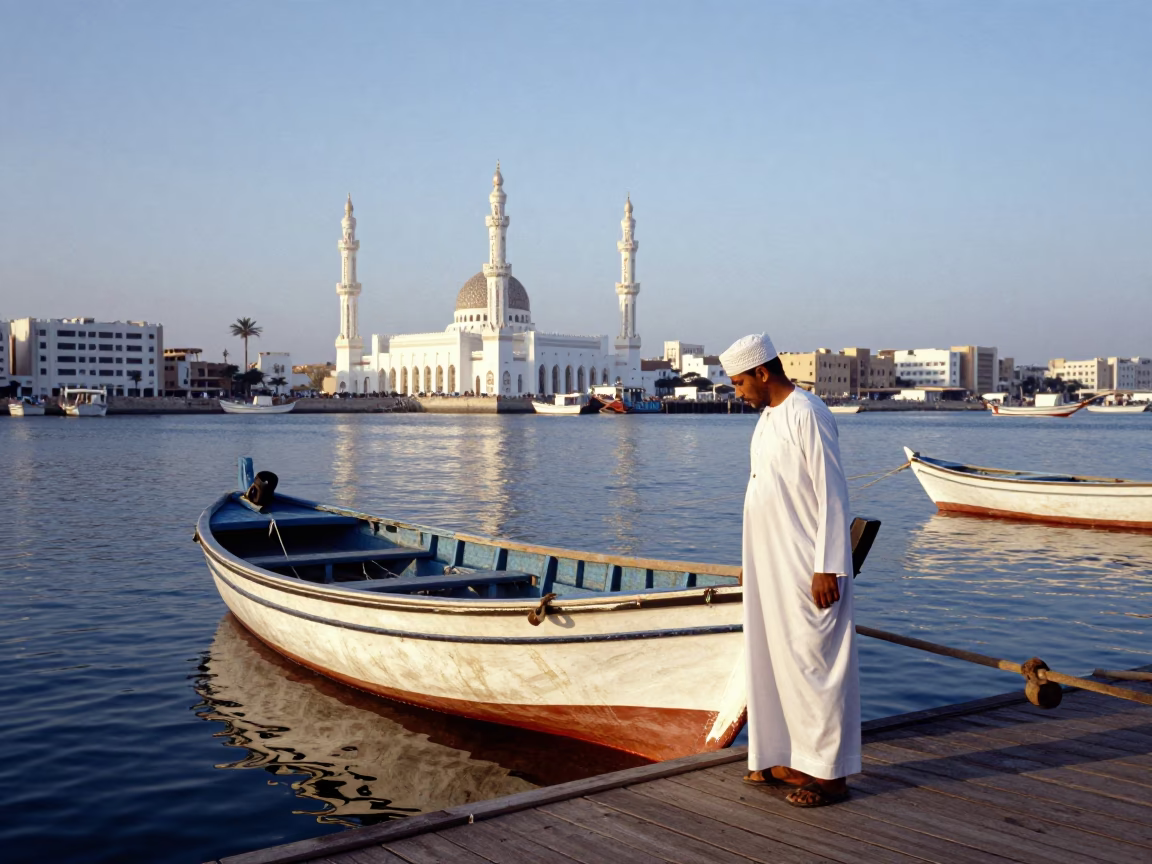 Omani fisherman preparing traditional dhow boat at nautical dawn in Muscat harbor in in Muscat, Oman