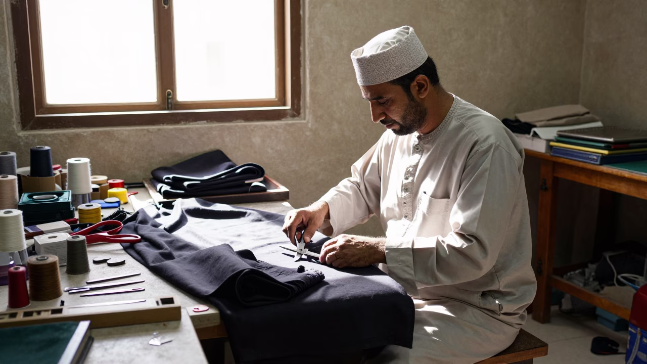 Omani Tailor Working With Shears And Calipers In Muscat Workshop in in Muscat, Oman