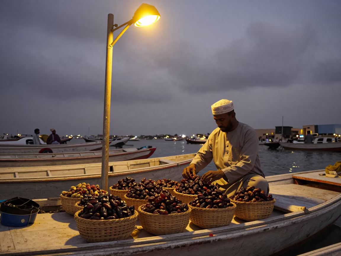Omani Vendor Arranging Dates on Boat at Midnight in at a floating market boat in Chefchaouen