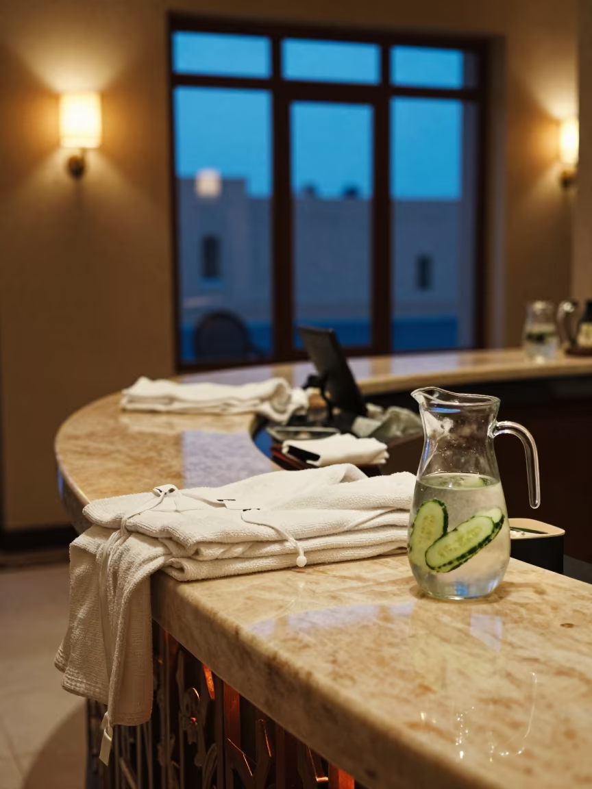 Omdurman Spa Counter Blue Hour with Robes in inside a hotel lobby in Omdurman