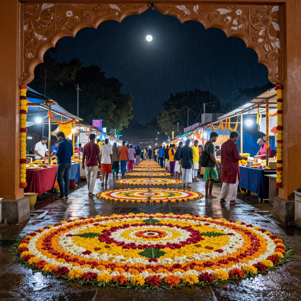 Onam Flower Kolam Under Night Market Rain in at a night market in Nagpur