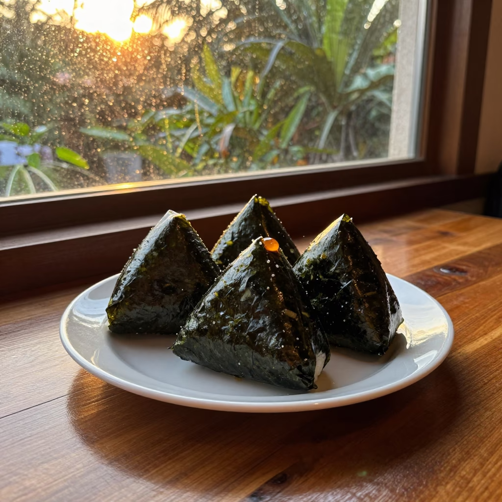 Onigiri Nori Wrapped Rice Evening Window Light in on a ceramic plate by a window in Acapulco de Juárez