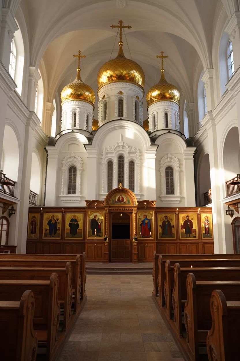 Onion Domes in Sapporo Cathedral Summer Light in inside a candlelit nave in Sapporo
