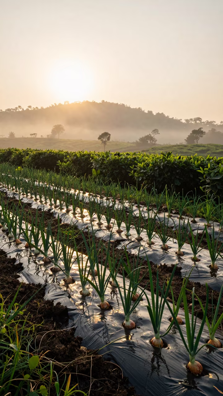 Onion Furrow Silhouetted in Evening Mist in at the edge of a tea plantation near Gampaha