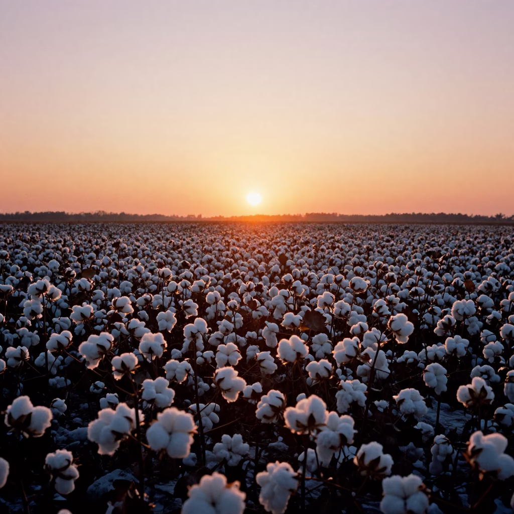 Ontario Cotton Field Silhouetted in Copper Dusk Light in in Ontario