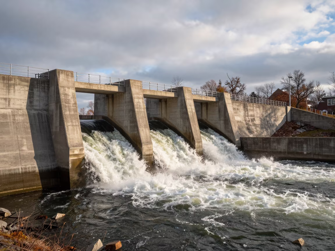 Ontario Dam Spillway Water Release Late Autumn in along concrete walls above turbulent water in Ontario