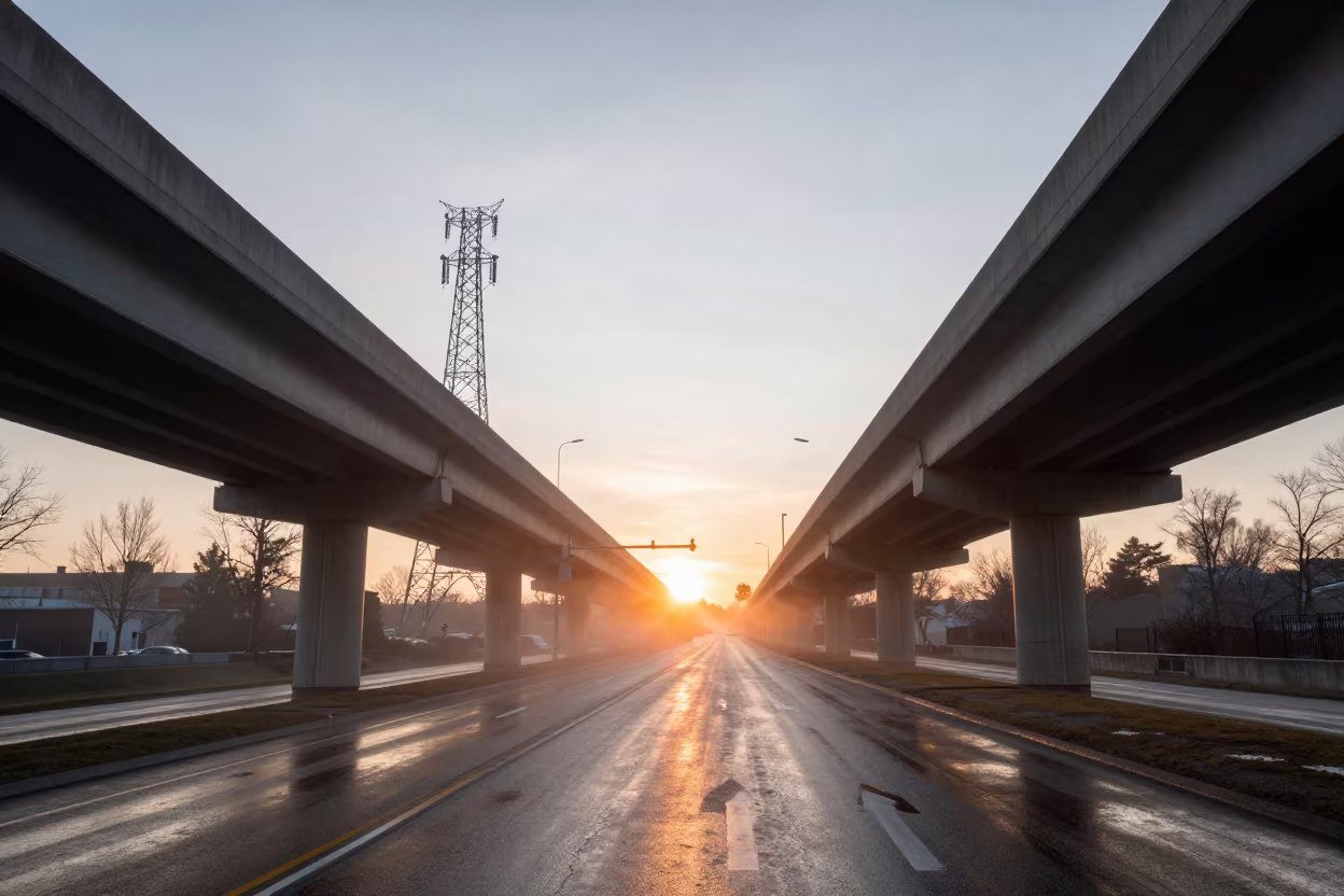 Ontario Overpass Arrows Glowing in Sunset Mist in beneath transmission towers in Ontario