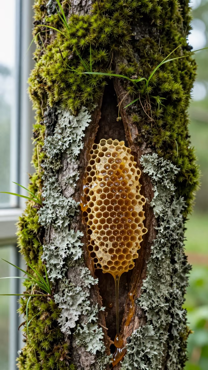 Oozing Honeycomb on Lichen Bark in on lichen-covered bark in Fresnillo