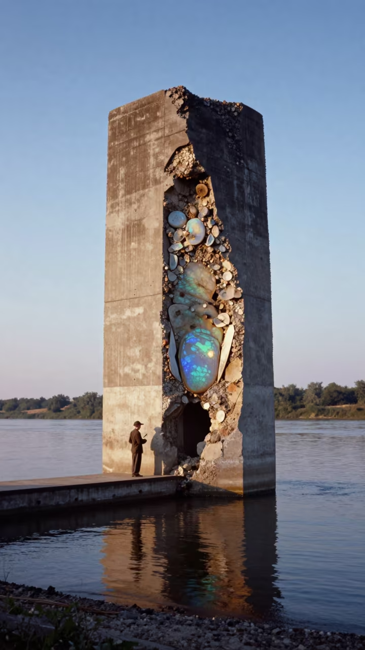 Opal Miner Emerging from Giant Shaft at Blue Hour in near a riverside landing in Xian